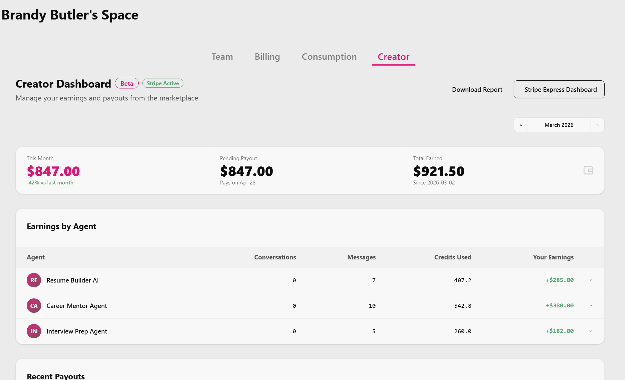 Alysium creator dashboard showing earnings